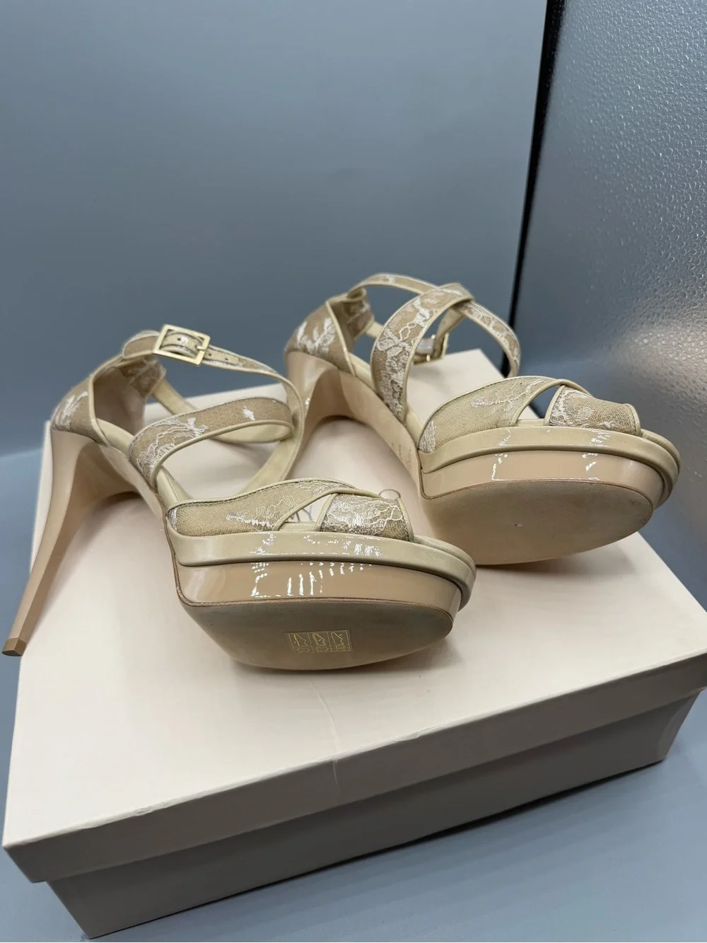 Jimmy Choo Nude Lace Crisscross Platform Stilettos